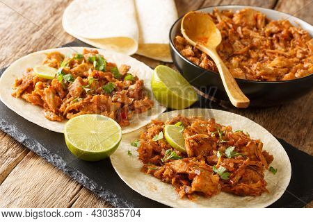 Chilorio Tacos Tasty Mexican Food Closeup In The Slate Board On The Table. Horizcontal