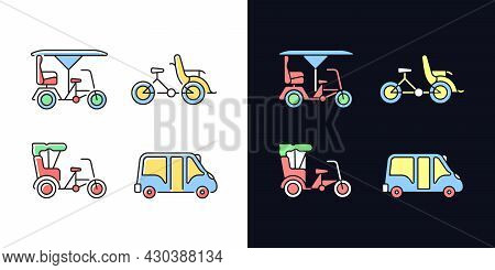 Vehicle For Hire Light And Dark Theme Rgb Color Icons Set. Three-wheel Bicycle. Tourist Transportati
