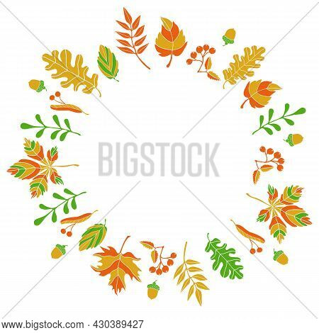Vector сomposition Of Autumn Leaves Of Fruits Of Different Trees In A Flat Style Arranged In A Circl