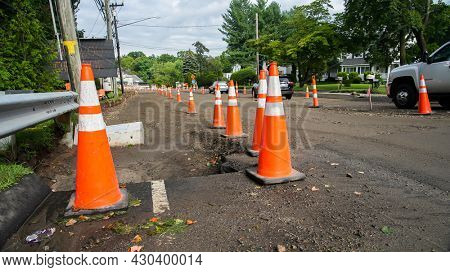 DARIEN, CT, USA - AUGUST 19, 2021: Road construction on bridge in Stamford - Darien town line on Post Road alias  Road 1 . This is view from Darien side.