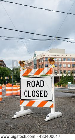 DARIEN, CT, USA - AUGUST 19, 2021: Road construction on bridge in Stamford - Darien town line on Post Road alias  Road 1 . This is view from Darien side.