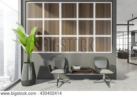 Panoramic Seating Area Near The Corridor With Glass Entrances. Wood Panels On The Wall, Concrete Flo