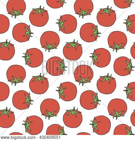 Seamless Pattern With Yammy Tomato On White Background. Vector Image.