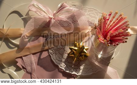 Top View Decor For Gender Reveal Party, Newborn Baby Shower Concept. Baby Girls Birthday. Light And 