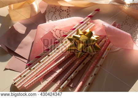 Top View Pink And Golden Colors Decor For Gender Reveal Party, Newborn Baby Shower Concept. Baby Gir