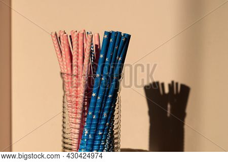 Color Straws For Gender Reveal Party, Birth Child Baby Shower Concept Boy Or Girl. Pink And Blue. To