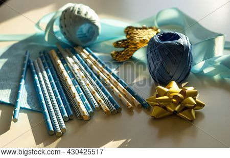 Baby Showers Decor. Blue And Golden Color Concept For Gender Reveal Party, Newborn Baby, Boys Birthd