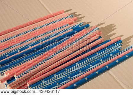 Color Straws For Gender Reveal Party, Birth Child Baby Shower Concept Boy Or Girl. Pink And Blue. To
