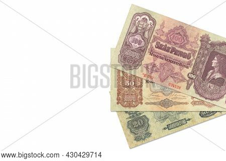 Some Historic Hungarian Pengo Banknotes With Copy Space To The Left
