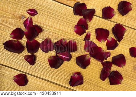 Heap Of Withered Crimson Rose Petals On Wooden Planks Background. Symbol Of Withering, Broken Hopes,