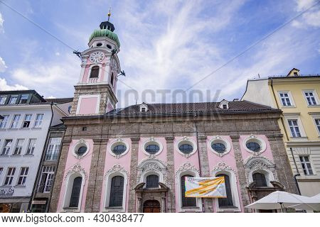 Famous Church Called Spitalskirche In The City Center Of Innsbruck - Innsbruck, Austria - July 29, 2