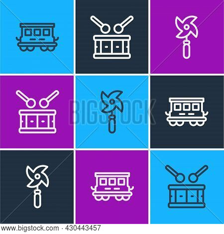 Set Line Passenger Train Cars Toy, Pinwheel And Drum With Drum Sticks Icon. Vector