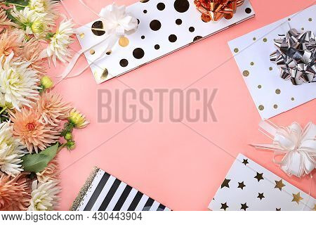 Frame Made Of Dahlia Flowers And Gift Boxes And Bows, Abstract Flower Arrangement, Spring Or Autumn 