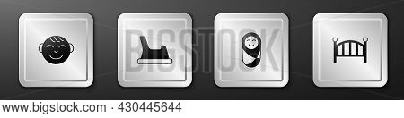 Set Little Boy Head, Baby Potty, Newborn Baby Infant Swaddled And Crib Cradle Bed Icon. Silver Squar