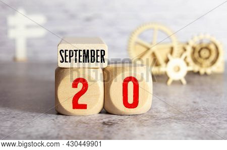 September 20St. Day 20 Of Month, Daily Calendar On White Table With Reflection, With Light Blue Back