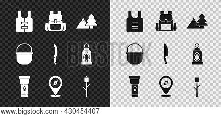 Set Life Jacket, Hiking Backpack, Mountains With Tree, Flashlight, Compass, Marshmallow On Stick, Ca