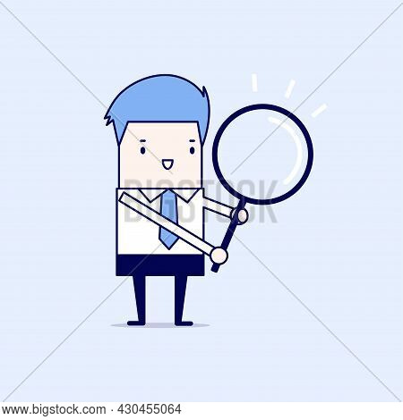 Businessman With A Magnifying Glass. Cartoon Character Thin Line Style Vector.