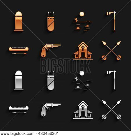 Set Revolver Gun, Tomahawk Axe, Crossed Arrows, Church Building, Kayak Or Canoe And Paddle, Desert L