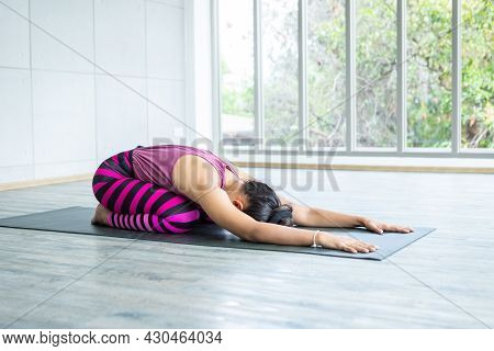 Asian Women Workout Practicing Yoga Training Put On Pink Clothes And Practice Meditation Wellness Li