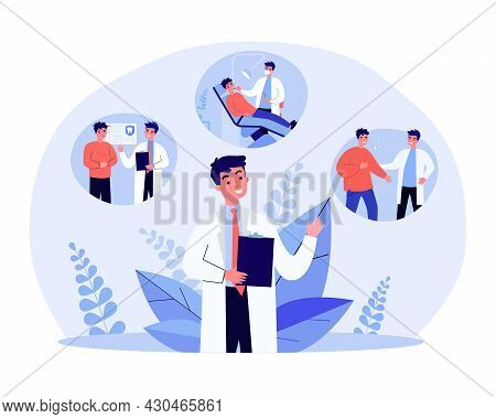 Cartoon Dentist Giving Patient Dental Treatment. Dental Checkup At Clinic Or Hospital, Oral Hygiene 