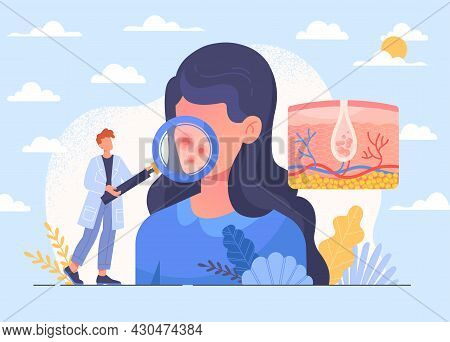 Skin Health Care And Dermatology Abstract Concept. Dermatologist Examining Female Patients Face. Doc