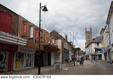 Views Of The High Street In Andover With St Mary's Church, Hampshire In The Uk, Taken 26th May 2021