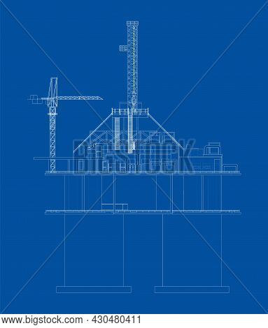 Offshore Oil Rig. Vector Rendering Of 3d. Wire-frame Style. The Layers Of Visible And Invisible Line