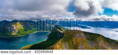 Aerial Panorama Of The Husfjellet Mountain On Senja Island In Northern Norway