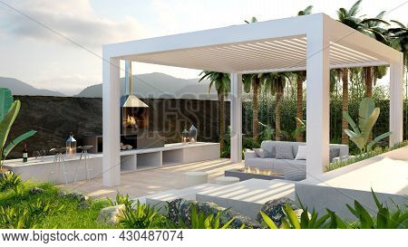 3d Illustration Of Motorized Bio Climatic Pergola On Private Outdoor Wooden Deck Surrounded By Tropi