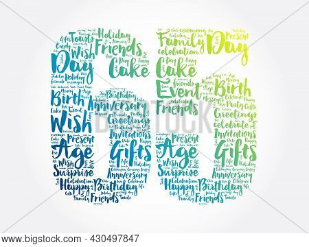 Happy 65th Birthday Word Cloud, Holiday Concept Background