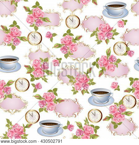 Pattern With Frames And Roses.clock, Openwork Frames With Bouquets Of Roses On A White Background In