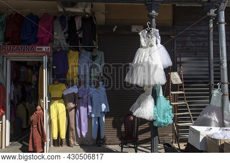 Saint Petersburg, Russia - 9 August 2021, Apraksin Dvor Market. Turkish, Chinese Wedding Dresses, Ba