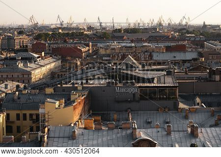 Top View Of The City Of St. Petersburg And Construction Cranes. View From The Colonnade Of St. Isaac