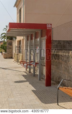 Campos, Spain; August 14 2021: Bus Stop Of The Tib Company In The Majorcan Town Of Campos, A Summer 