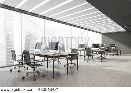 Panoramic Workplace Interior With Three Combined Office Desks, Grey Wall And Ledge, Recessed Led Lin