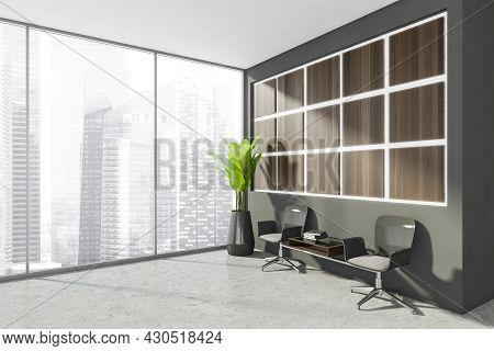 Panoramic Waiting Area Interior With Dark Wood Panels On The Wall, Concrete Floor, Seat Coffee Table