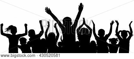 Cheerful And Applauding Crowd Of Children, Black Silhouette. Vector Illustration