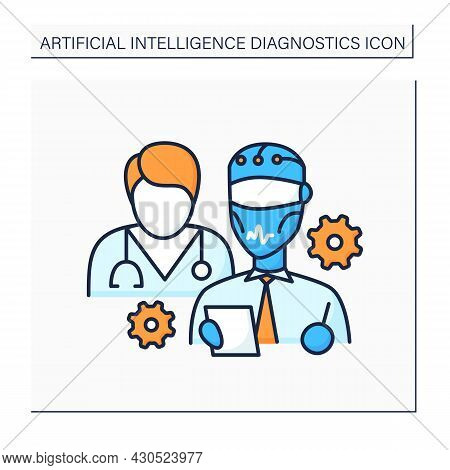 Ai In Medicine Color Icon. Robot And Doctor Improve Medical Sphere. Modern Technologies Help People.