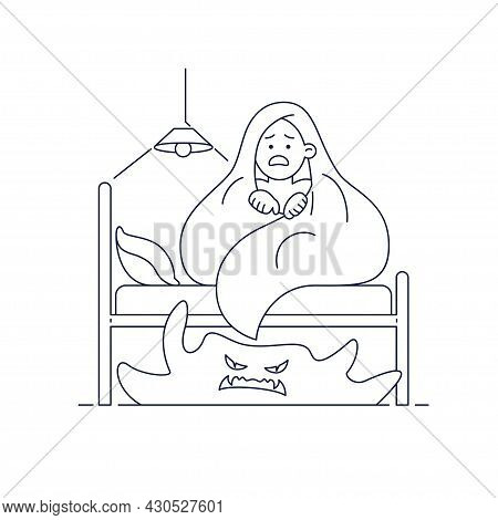 Kids Nightmares, Fear Of Darkness Vector Illustration. Scared Boy Imagining Monster Under Bed. Child