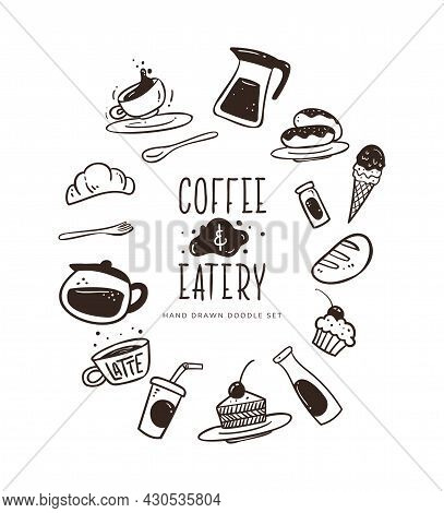 Hand Drawn Coffee And Eatery Doodle Set.