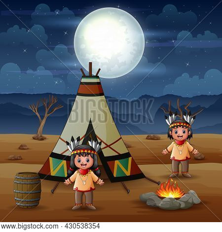 Two American Indians Cartoon With Teepees In Tribal Location