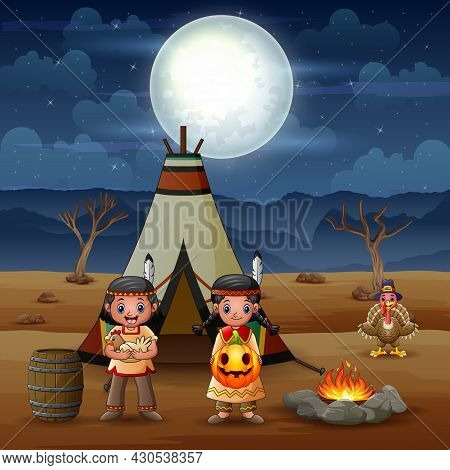 American Indians Children Cartoon With Teepees In The Desert At Night