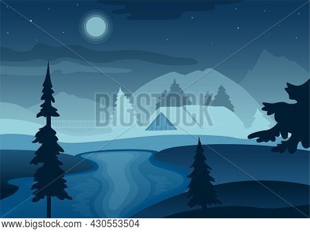 Winter Night Landscape With Moon And Stars In Flat Style In Vector Format.