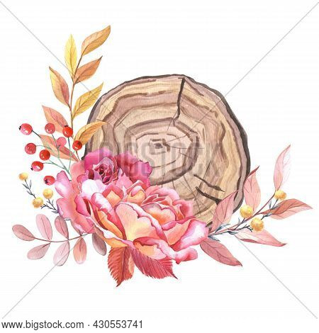 Watercolour Arrangement Of Roses And Leaves. Autumn Composition Withy Yellow, Pink Rose