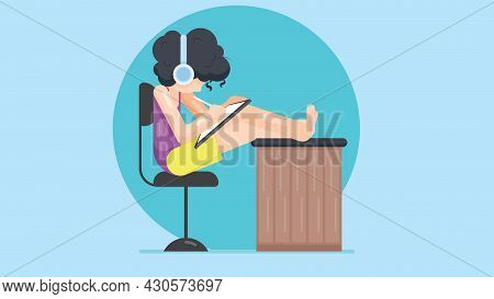 A Girl Is Sitting On Chair Puted Her Leg On Table, Wearing Headphones, Working On Tab. Isometric Gir