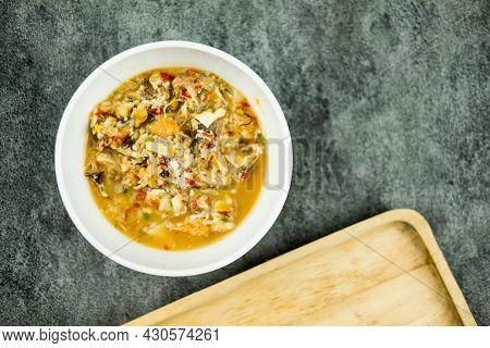 Egg Crab And Crab Meat Chili Paste In White Bowl. Thai Food