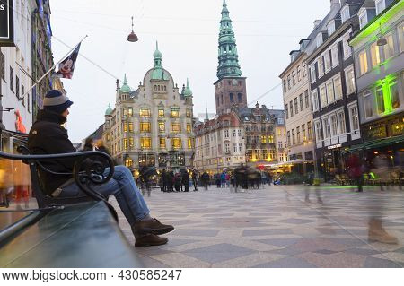 Copenhagen, Denmark - Nov 26, 2019 : People Walking On Amagertorv Square In Cold Winter Evening In C