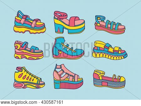 A Set Of 9 Options For Bright Summer Shoes For Stylish Girls. Vector Illustration, Icon, Flat, Carto