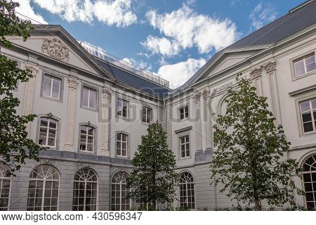 Gent, Flanders, Belgium - July 30, 2021: White Palacial Buidling And Courtyard Of Art Academy Under 