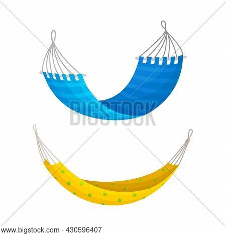 Hanging Textile Hammocks Set. Blue And Yellow Rope Swing For Summer Outdoor Recreation